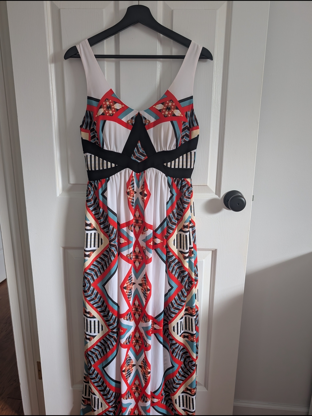 XOXO Women's Geometric Maxi Dress White, Red, Teal & Black Size Medium